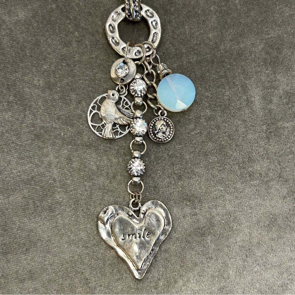 SILVERTONE beaded long charm pendant necklace heart smile bird rhinestone